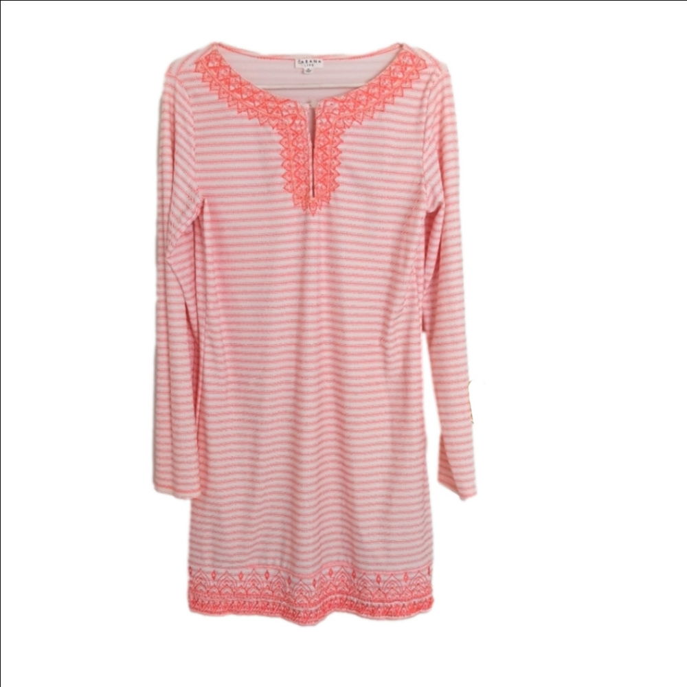Cabana Life Coral Striped Long Sleeve Tunic Dress Embroidered Neck & Hem SPF50 M